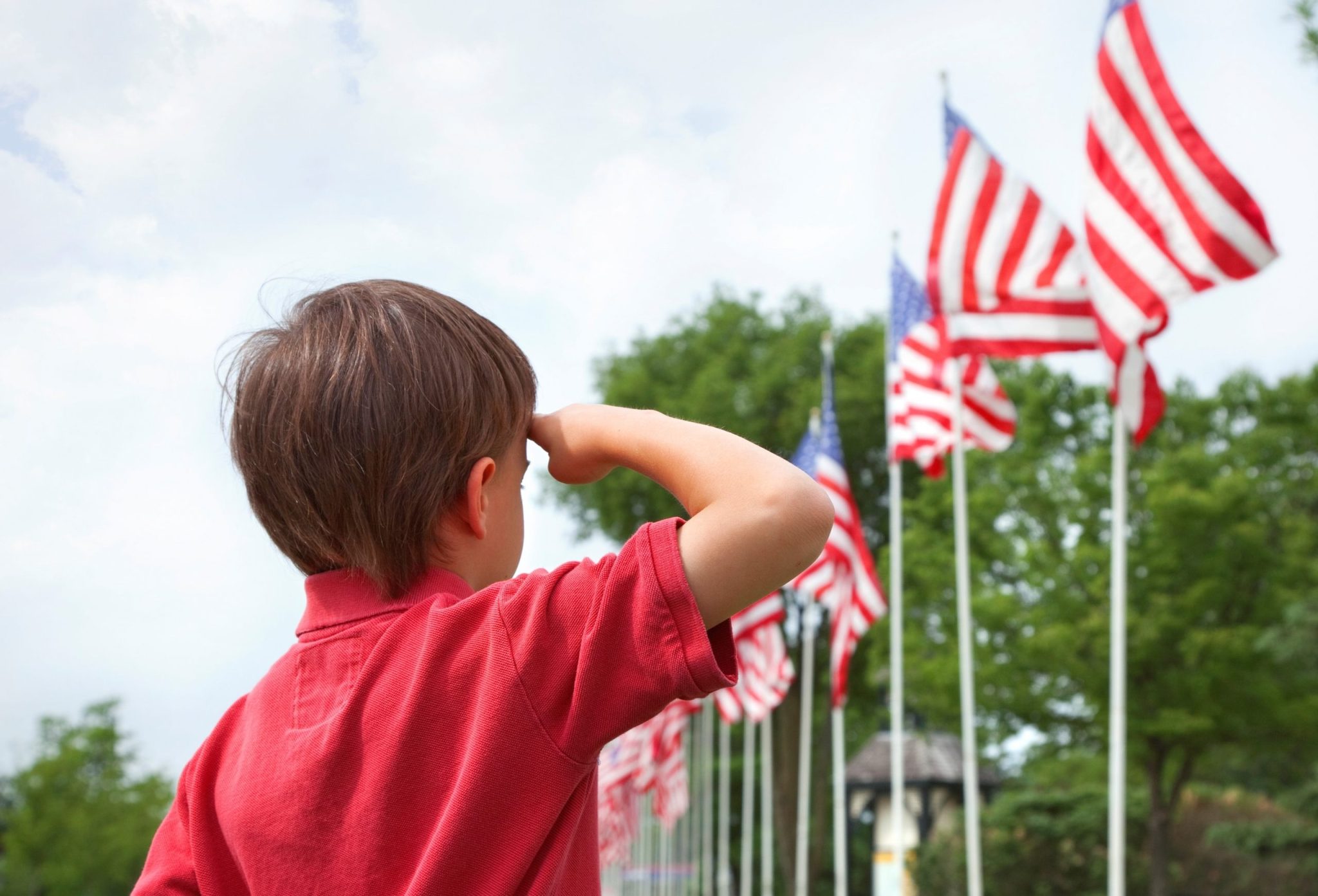 Boy salutes flags at Memorial Day display in a small town